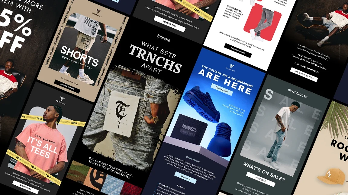 Email and SMS campaign screens for a streetwear brand