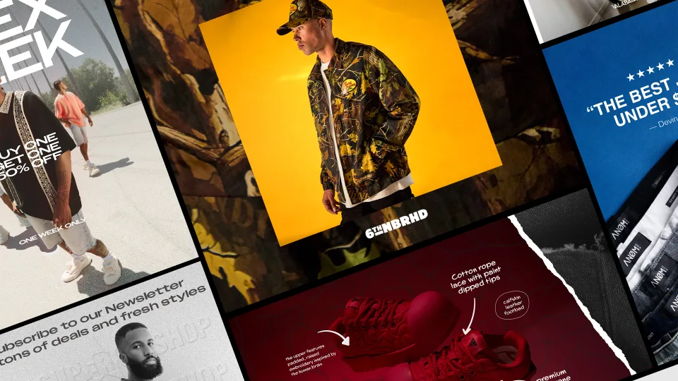 A collage of fashion ad creatives and newsletter designs