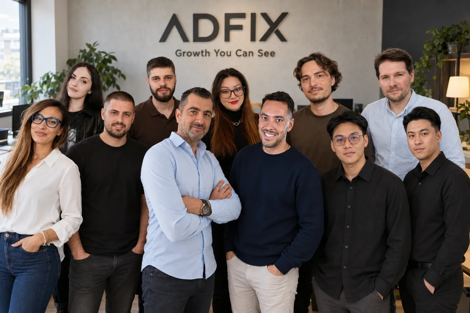 The ADFIX team: eleven teammates standing together in the office, in front of the ADFIX sign